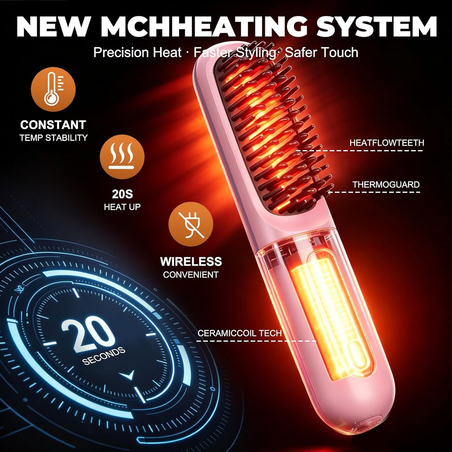 Cordless Hair Straightener Brush - Ionic Frizz-Free, Fast Heating 20s, 3200mAh USB-C | Portable for Travel