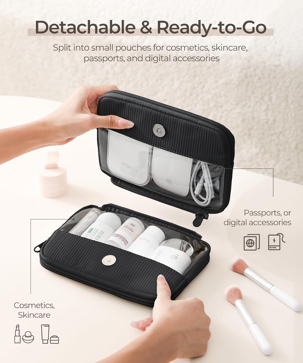 Preppy Makeup Bag - Rectangle Double Detachable Cosmetic Organizer | Clear Travel Pouch for Beauty & Tech Essentials