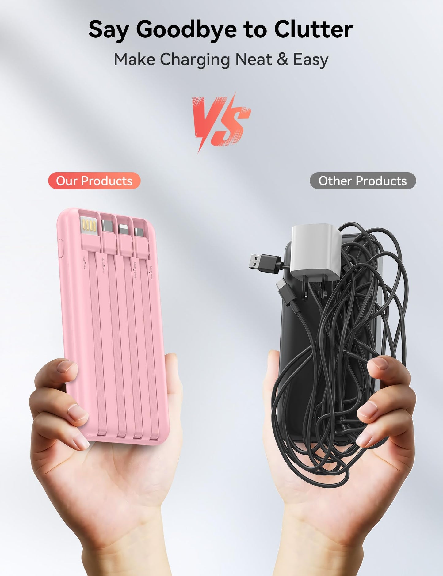 Nusyddy Portable Charger 10000mAh PD20W w/4 Built-in Cables/6 Outputs Pink