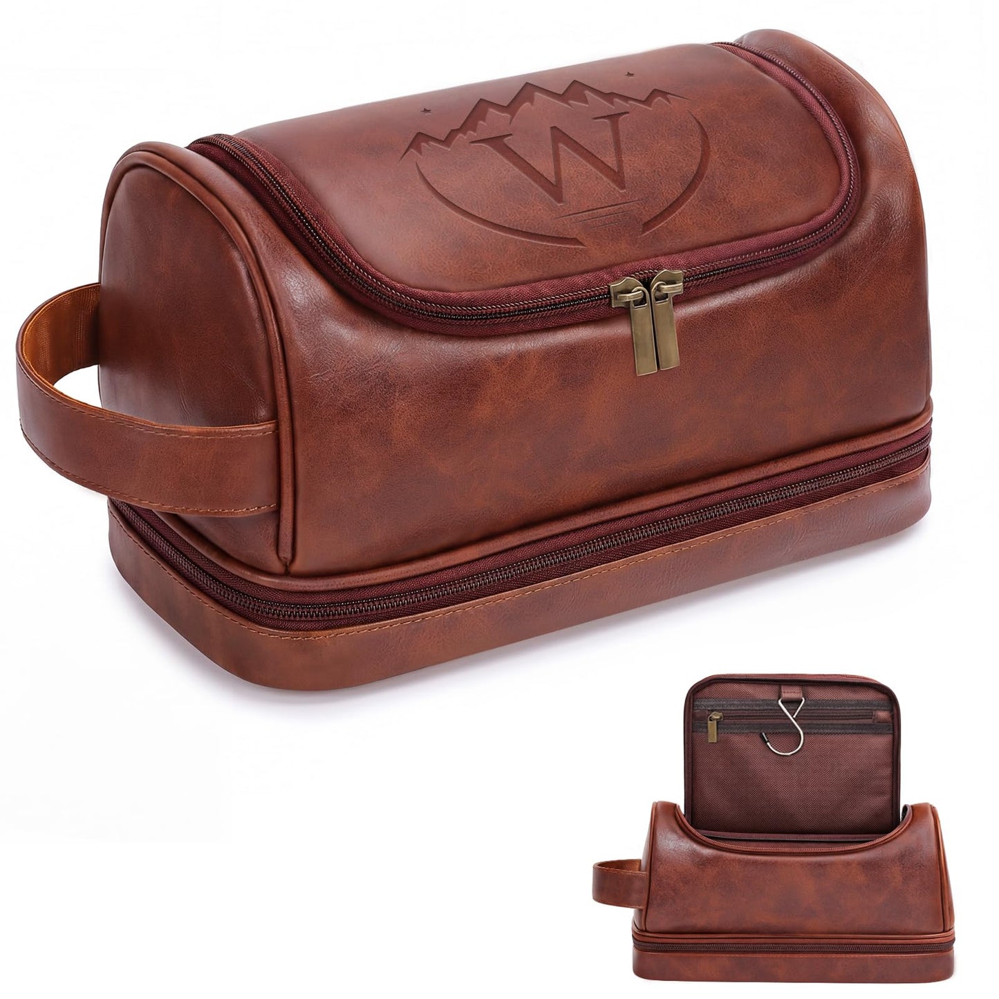Ecttunafe Customized Gifts Travel Leather Toiletry Bag for Mens, Engraved Name Initial PU Leather Waterproof Large Shaving Bag with Hooks, Unique Birthday Gifts for Him Men Dad Son Brother,W