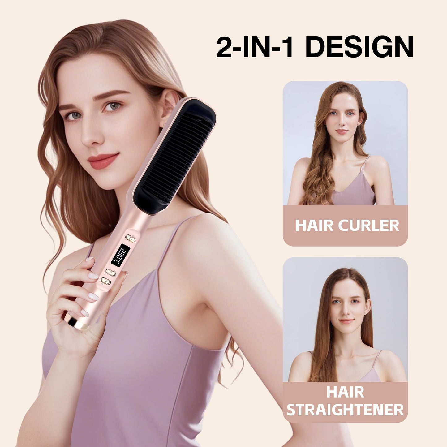 Hair Straightener Brush, Ring Sleek Sweep Ionic Hair Straightener Comb Straightening Brush for Women with 4 Temps,Anti-Scald Ceramic Hair Straightener Comb,20s Fast Heating & Dual Voltage, Rose Gold
