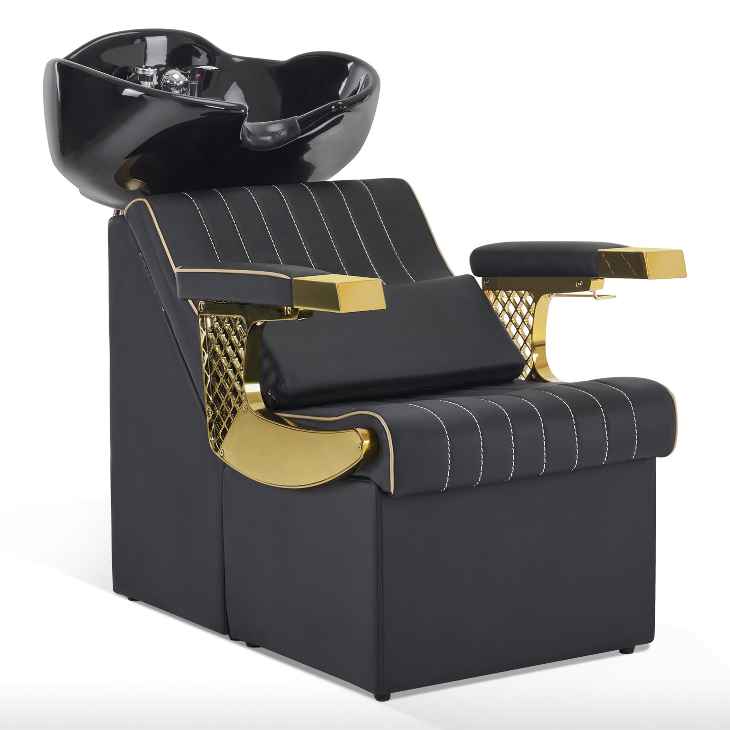 BarberPub Backwash Shampoo Station Chair and Bowl Unit, Porcelain Ceramic Basin Sink, Black&Gold Shampoo Barber Chair with Vacuum Breaker for for Barbershop Beauty Spa Salon 8615 (Black)