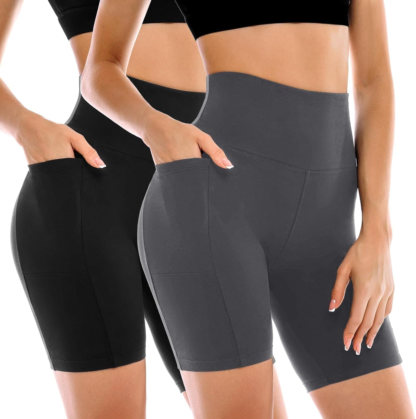High Waisted Tummy Control Biker Shorts for Women - 2 Pack with Pockets | Yoga & Workout Gear