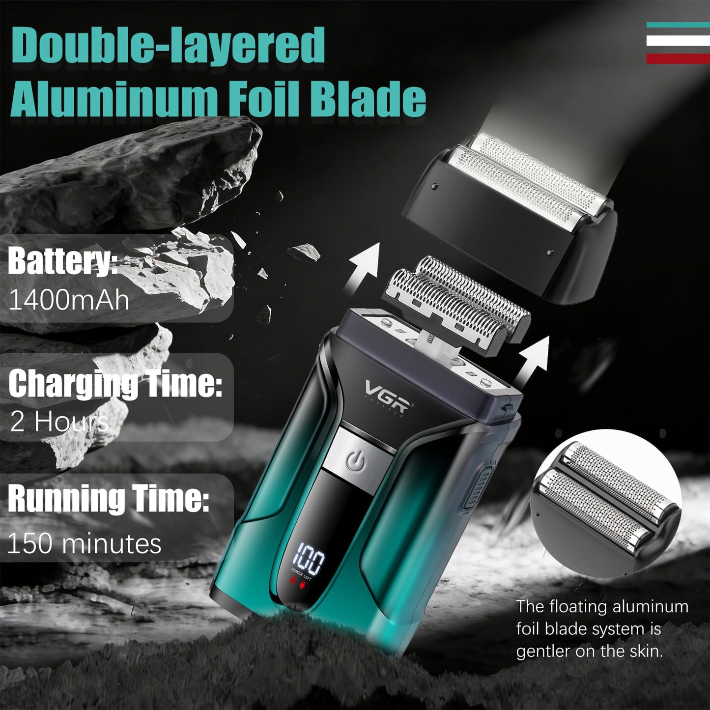 VGR 694 Hair Clippers for Men, Professional Barber Clippers and Trimmers Set, Mens Cordless Hair Cutting Kit with Foil Shaver, Charging Base & LED Display(Green)