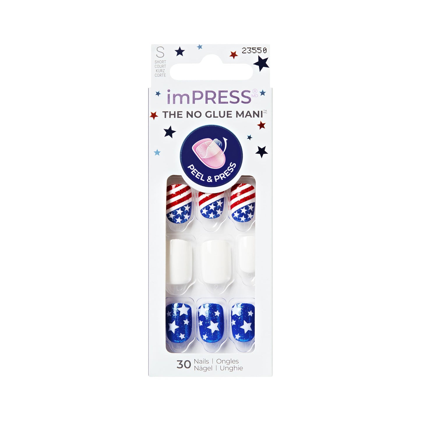 Kiss Impress No Glue Mani Press On Nails, Design, 'Liberty', Multicolor, Short Size, Squoval Shape, Includes 30 Nails, Prep Pad, Instructions Sheet, 1 Manicure Stick, 1 Mini File
