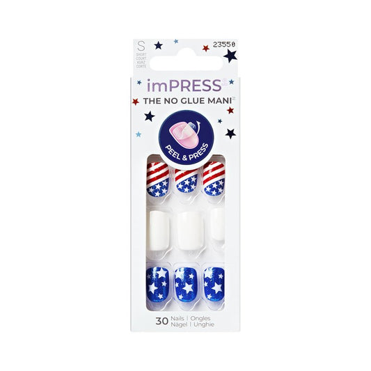 Kiss Impress No Glue Mani Press On Nails, Design, 'Liberty', Multicolor, Short Size, Squoval Shape, Includes 30 Nails, Prep Pad, Instructions Sheet, 1 Manicure Stick, 1 Mini File
