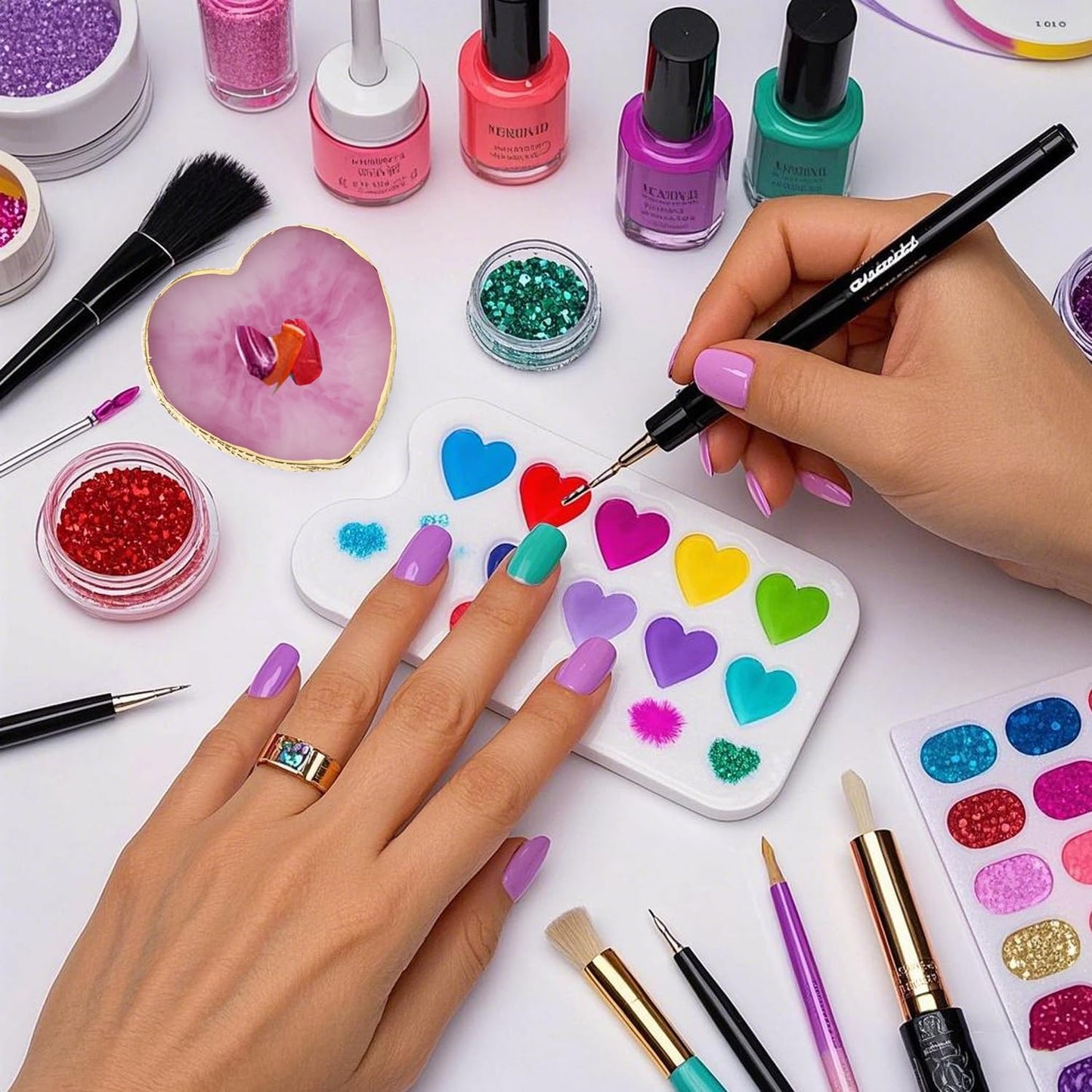 Resin Nail Art Palette Set - 2 Pcs Mixing Tray with Gold Edge | Heart-Shaped White & Purple Design