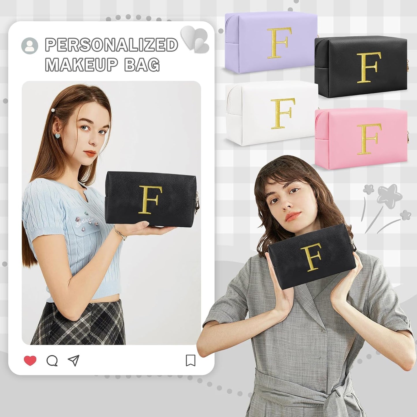 Personalized Initial Makeup Bag - Gold Embroidered Cosmetic Bag for Teens | Custom Travel Toiletry Bag (Black)