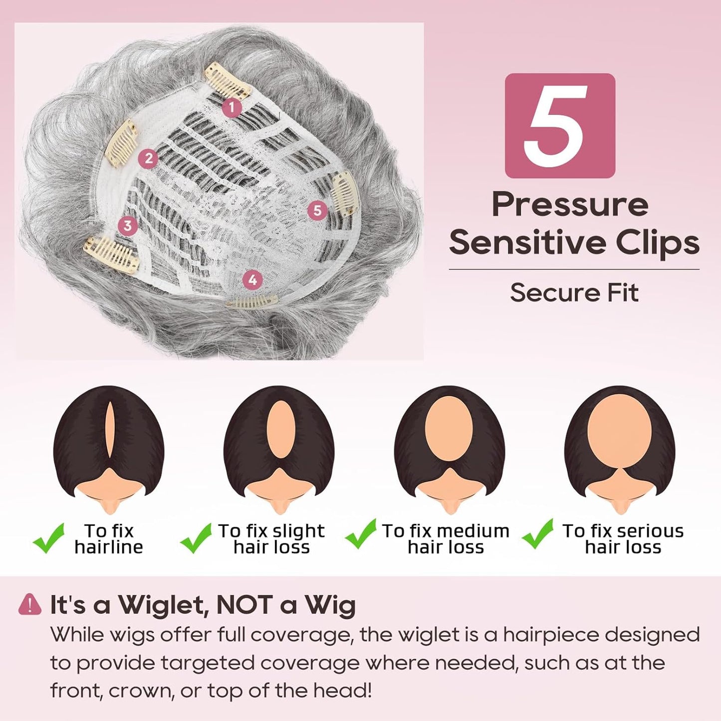 REECHO Hair Topper - Synthetic Short Wiglet for Women | Large Coverage Crown Hairpiece in Silver Mist