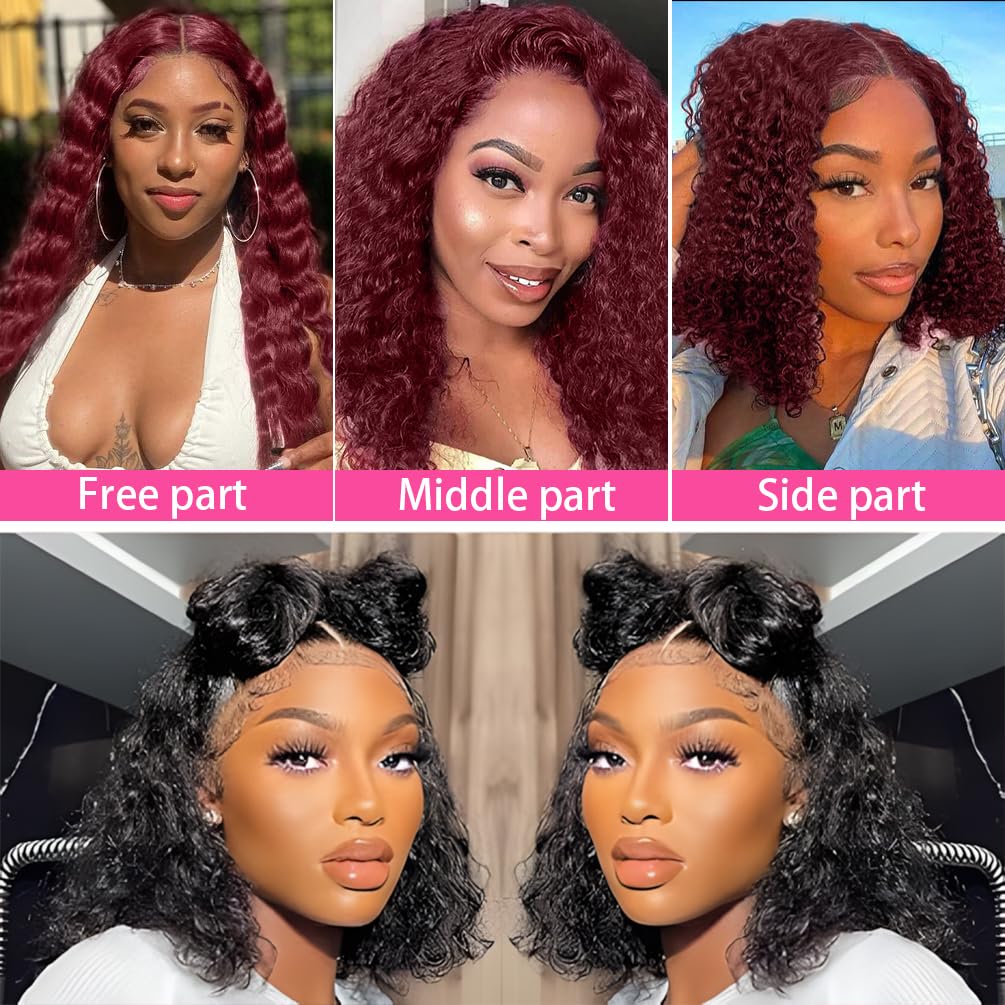 Amygirl Wear and Go Glueless Wigs Human Hair Pre Plucked Pre Cut Bob 4x4 Curly Wave Lace Front Wigs Human Hair 180% Density No Glue Wigs for Black Women, Burgundy, 14 Inch