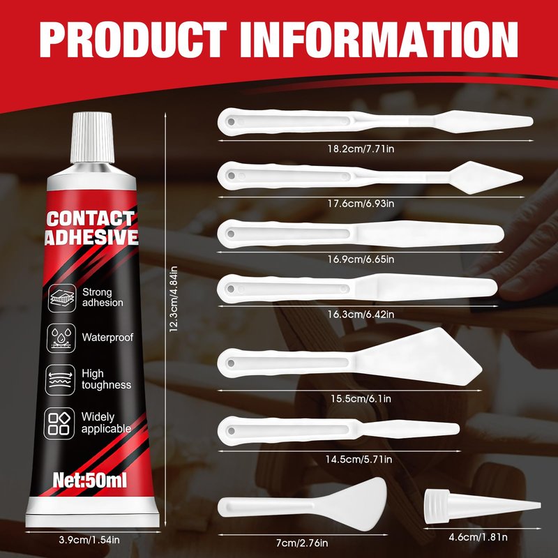 kuailaya Contact Cement Adhesive, Contact Cement Glue Contact Adhesive with 6pc Glue Spreader Set Strong Adhesion Elastic Flexible and Weather-Resistant for Shoes Vinyl Wood Metal Leather, 50ml