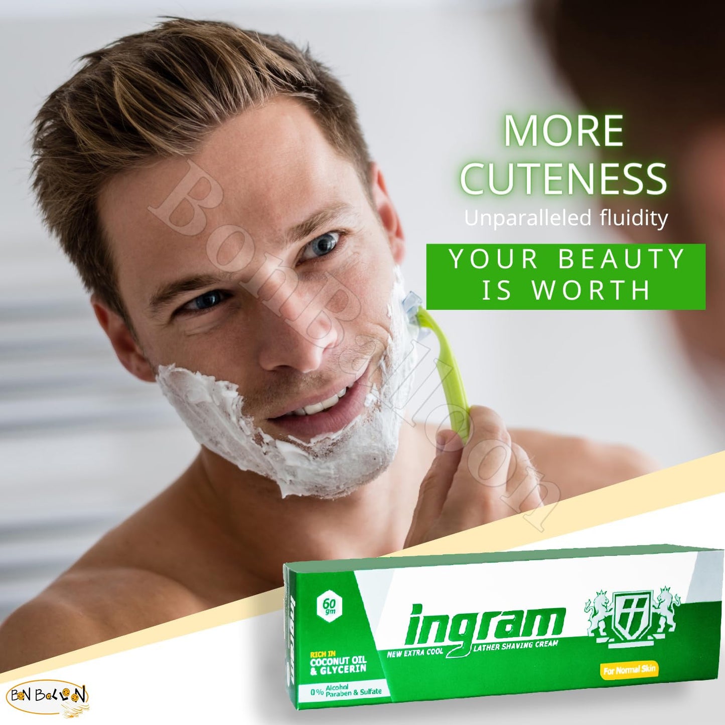 Ingram New Extra Cool Lather Shave Cream Shaving (1 Tube = 2.11 oz / 60 gm) Glycerin Coconut Oil Egypt Arab Egyptian Smoother And Closer Shave (4 Pack = 8.46 oz / 240 gm) كريم حلاقة إنجرام الأخضر
