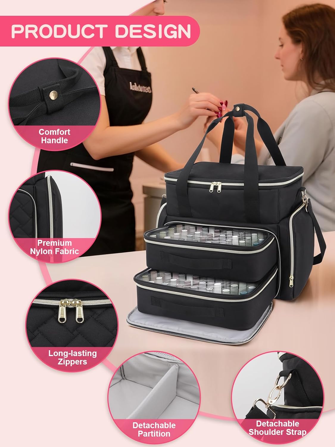 Nail Polish Organizer Case - Holds 96 Bottles (15ml) & Nail Dryer | Gel Polish Bag with 2 Removable Pouches, Black
