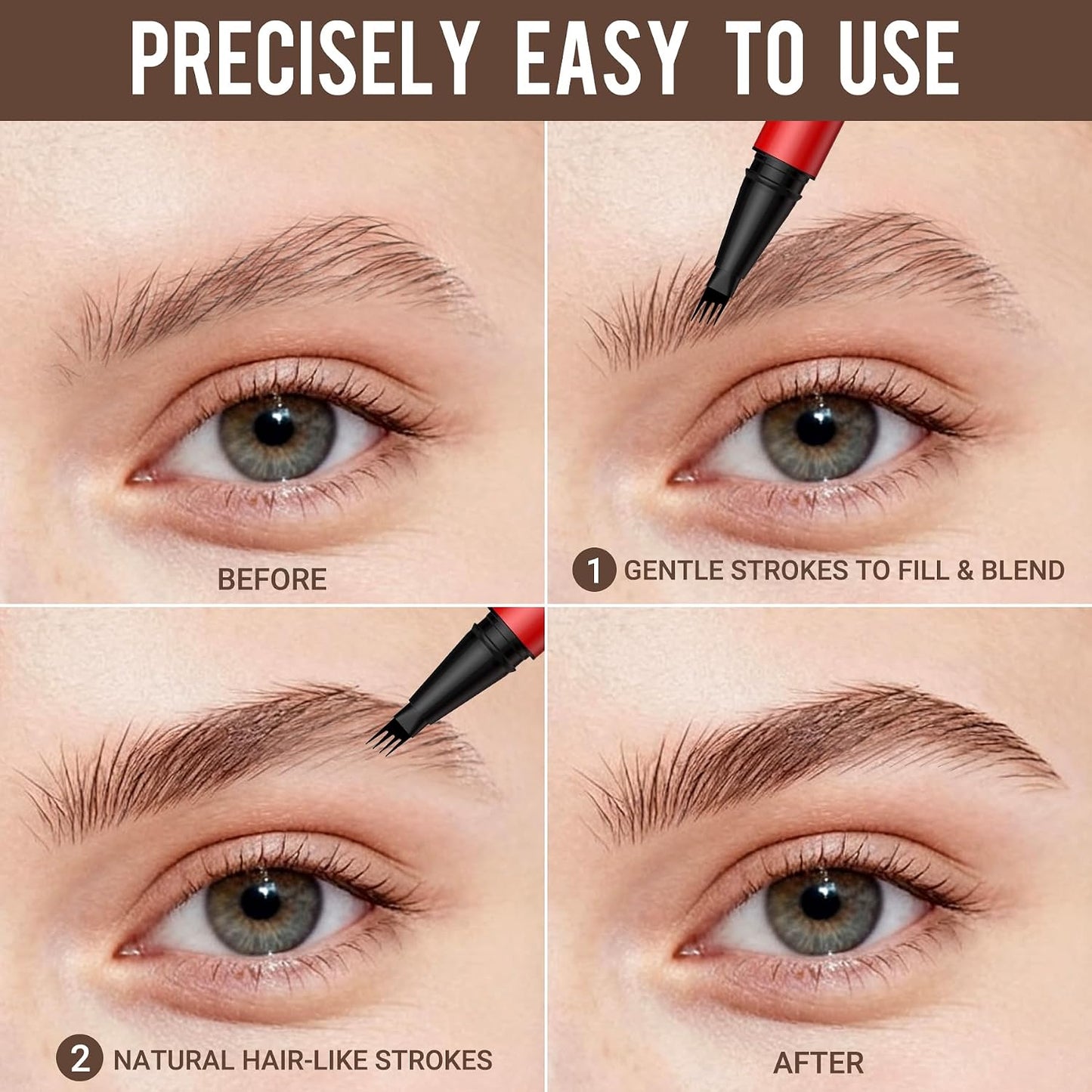 Eyebrow Pencils for Women - Precise 4-Tip Brow Pen 2 Pack | Natural-Looking Fuller Brows, Dark Brown