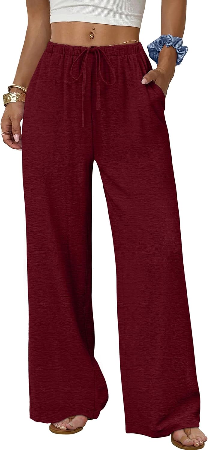 Wide Leg Pants for Women - Flowy Palazzo Trousers with Drawstring & Pockets | Summer Beach Vacation Wear