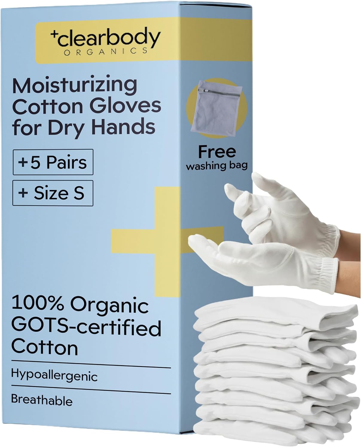Clearbody Organics 100% Organic Cotton Gloves for Dry Hands - Breathable Eczema Moisturizing Gloves | 5 Pairs, Size M