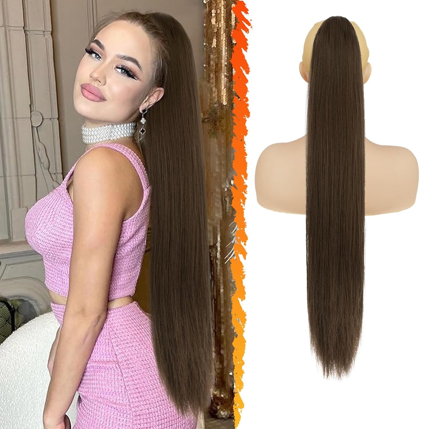 Long Straight Ponytail Extension - 26 Inch Brown Synthetic Clip-In Hairpiece for Women | Light Brown Mixed