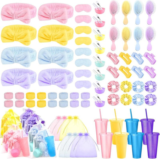 Spa Party Favors - 112 Pcs Face Mask Mixing Bowl Set, Glitter Cups, Headbands & More | Perfect for Birthday Sleepovers