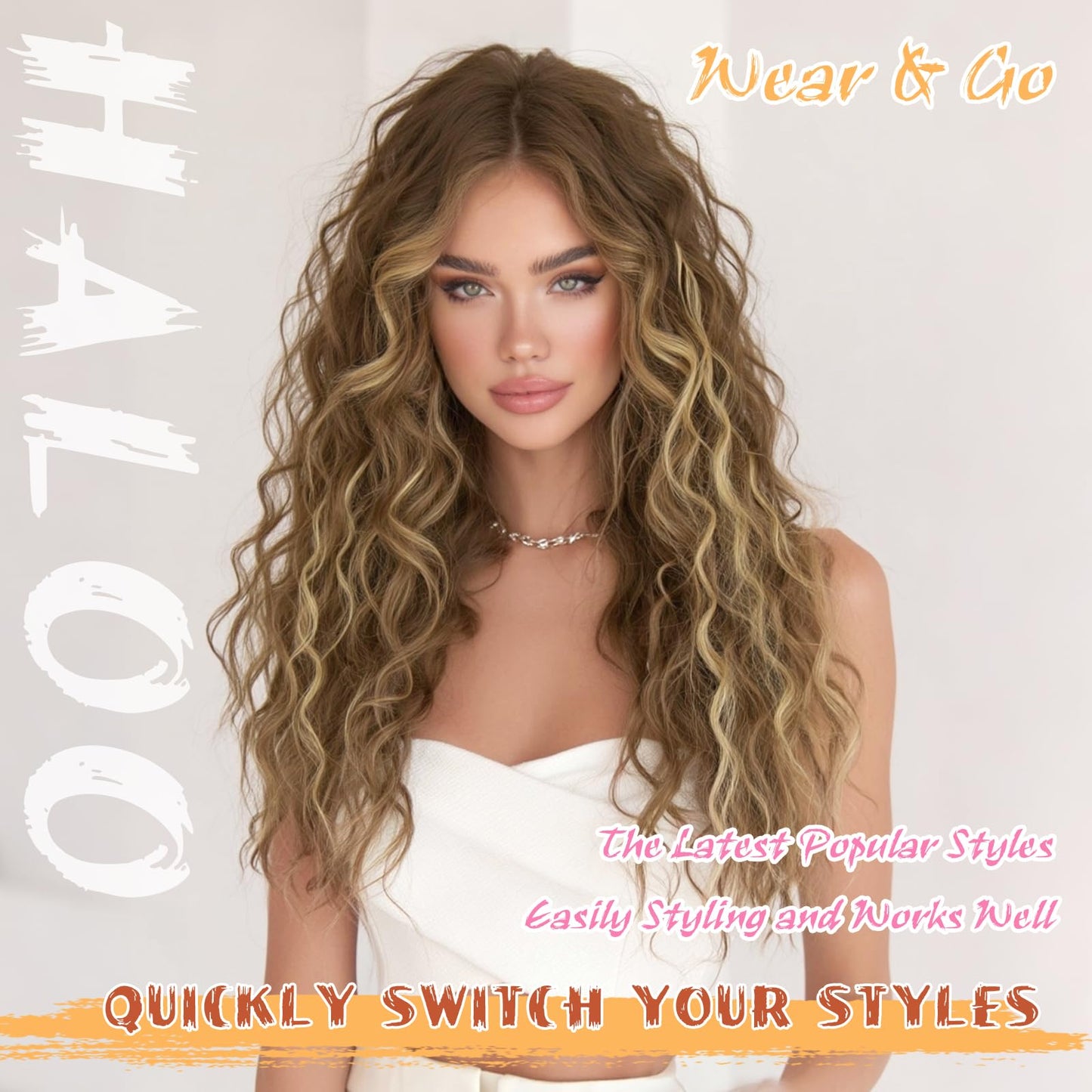 Haloo Brown Wigs for Women 4x1 Lace Front Natural Hairline Long Wavy Curly Middle Part Glueless Beginner Friendly Synthetic Hair Wigs for Daily Party, 21 Inch Blonde Mixed Brown
