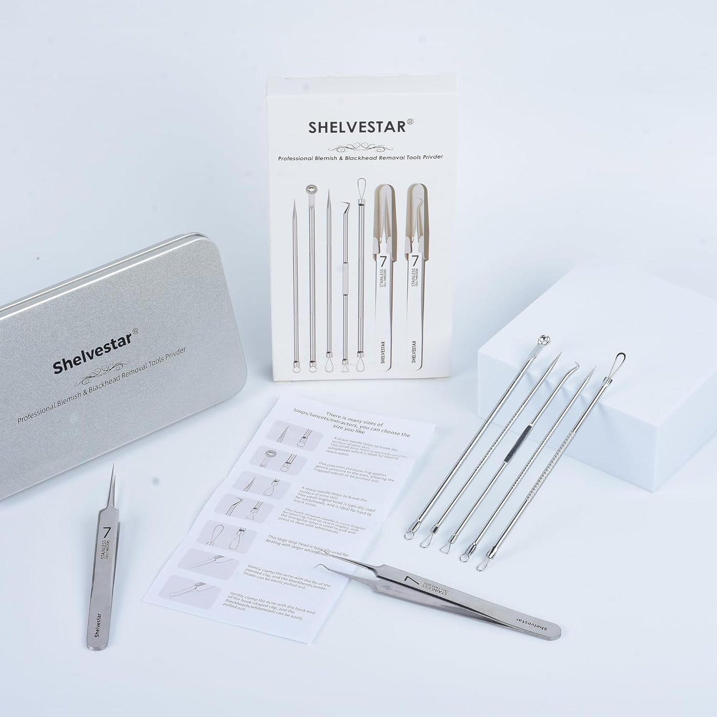 Pimple Popper Tool Kit - 7 PCS Professional Stainless Steel Blackhead Remover | Comedone Extractor Tools for Face - Silver