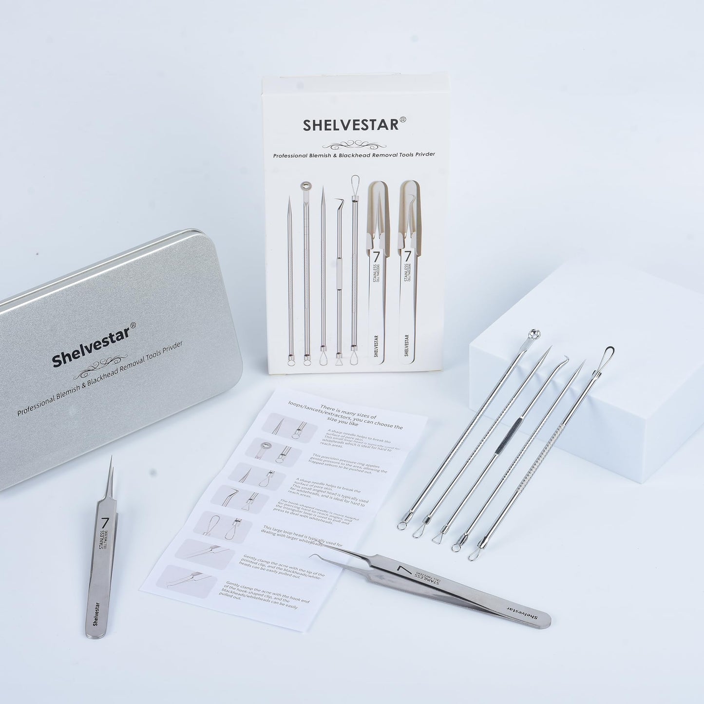 Shelvestar Pimple Popper Tool Kit, 7 PCS Professional Stainless Steel Blackhead Remover Comedone Extractor Tools for Removing Zit on Face - Silver