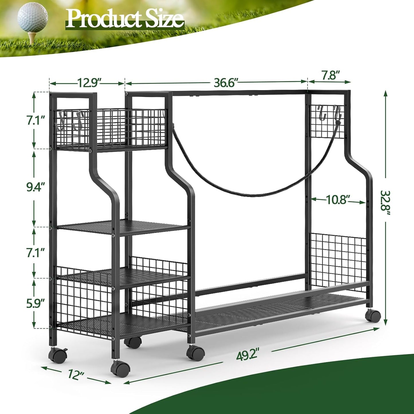Golf Bag Storage Rack with Wheels - Durable Organizer for Golf Equipment | Ideal for Garage, Home, Shed (Black)