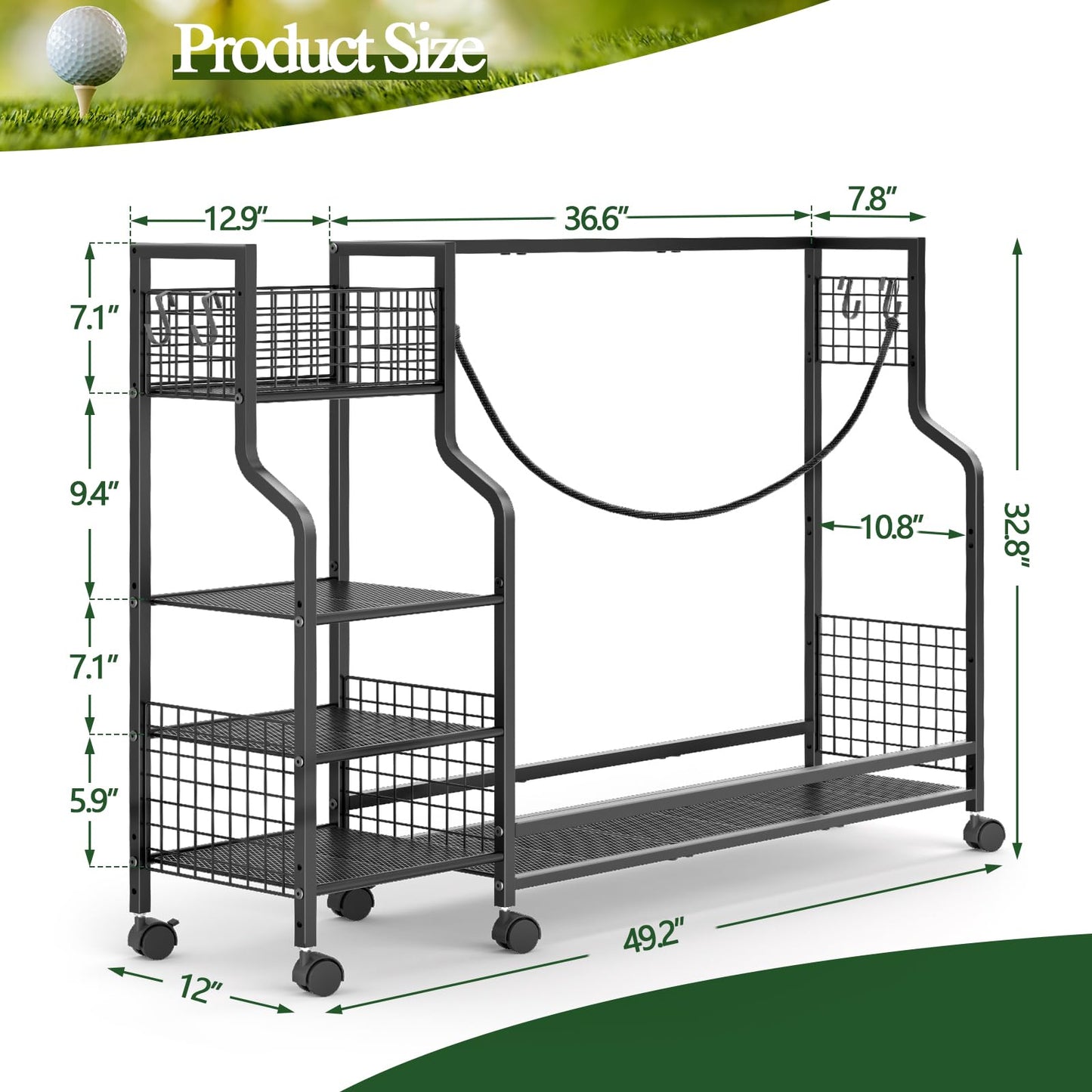 Golf Bag Storage Rack for Garage with Wheels, Organizer for 3 Golf Bag and Equipment Accessories, Golf Organizer Stand Ideal for Home, Garage, Club, Shed, Basement - Sturdy and Durable (Black)