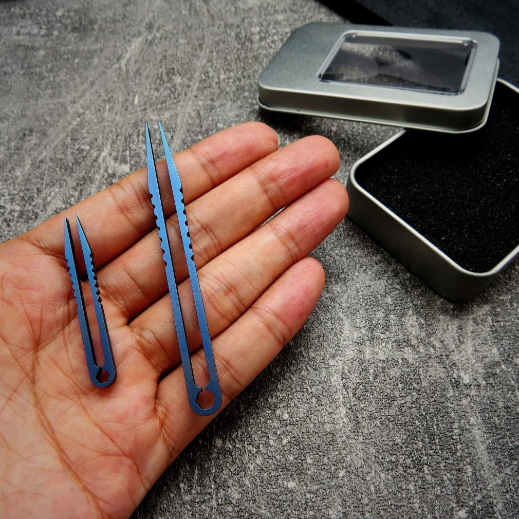 Canku 2pcs Mini Tweezers Titanium Portable Titanium Alloy EDC Tweezers Survival Camping Outdoor Travel Mini Tool(Double Blue)) …