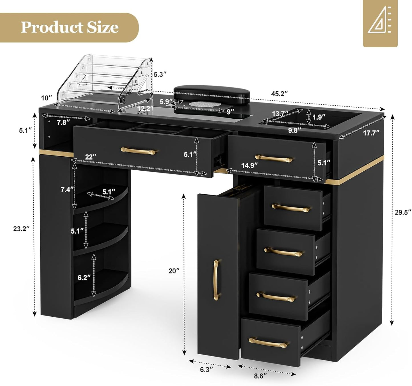 Manicure Table Nail Station - Glass Top Nail Table with Electric Dust Collector, 7 Drawers & Shelves | Black Vision
