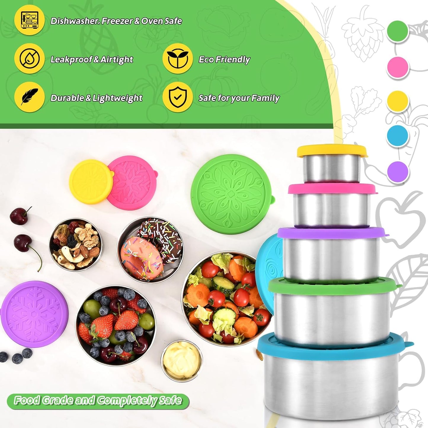 304 Stainless Steel Snack Containers - 5 Pack Stackable Food Storage Boxes for Travel & School | Metal Lunch Boxes