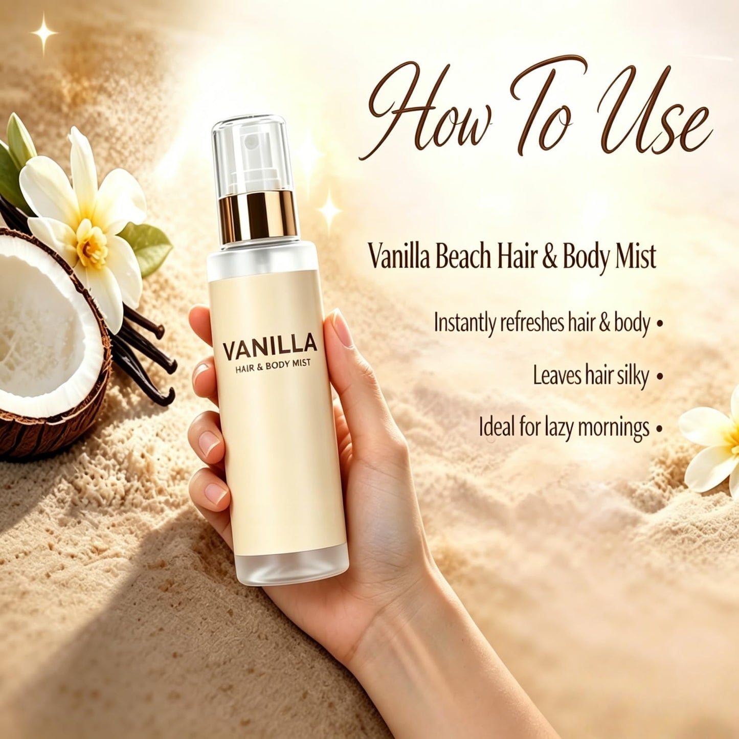 JohSahn Ballavite Vanilla on the beach hair and body mist,Vanilla & Coconut Body Fragrance Spray For Women, Long-Lasting Hydrating Perfume Mist