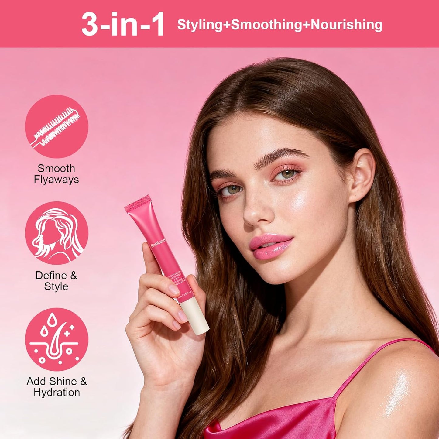 Cactus Fruit 3-in-1 Hair Styling Cream & Taming Wand - Smooth Flyaways, Control Frizz | Vegan, Lightweight Formula, Precision Brush