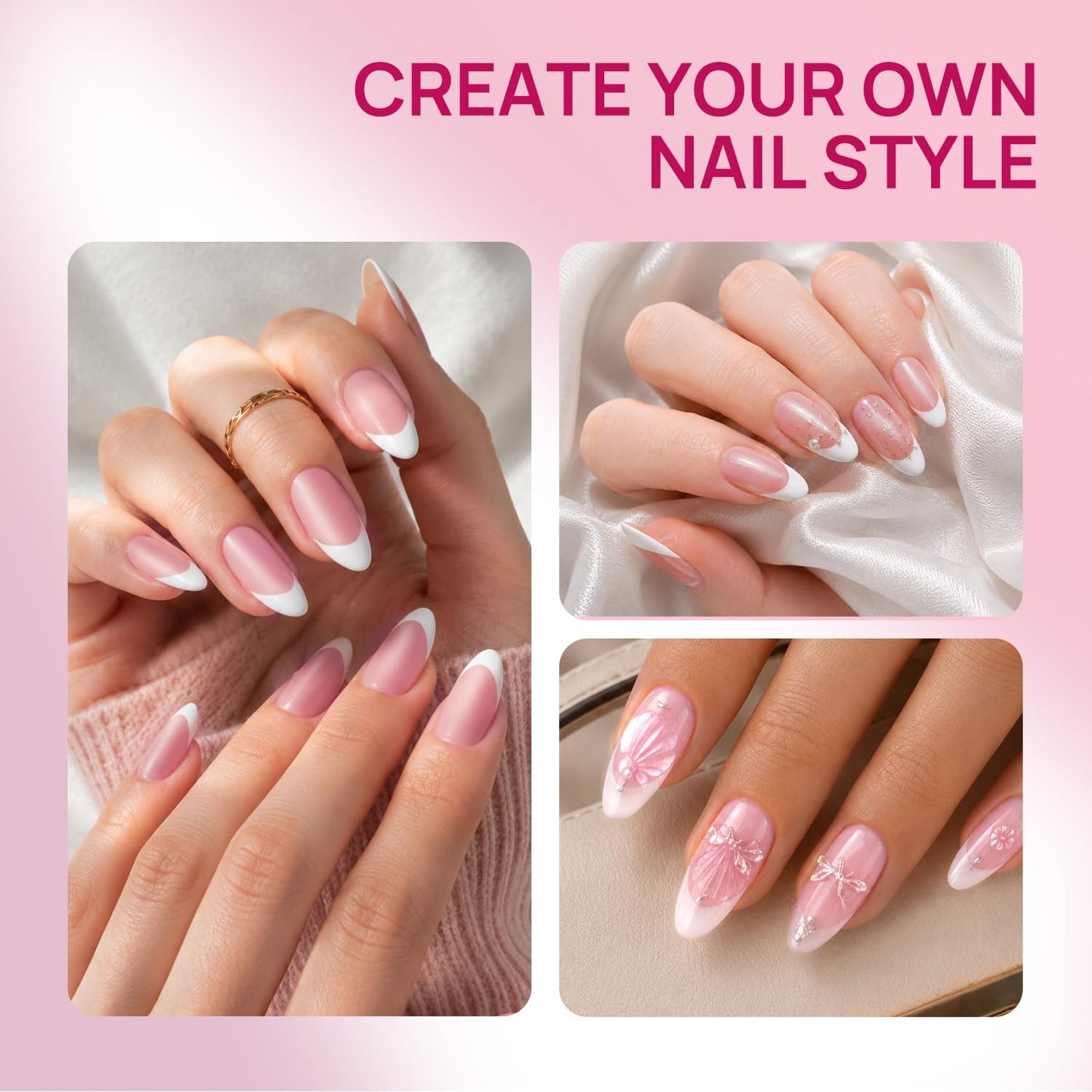 French Tip Short Almond Nail Tips - Pink Matte White Full Cover Press-On Nails | 15 Sizes for Salon & DIY Use
