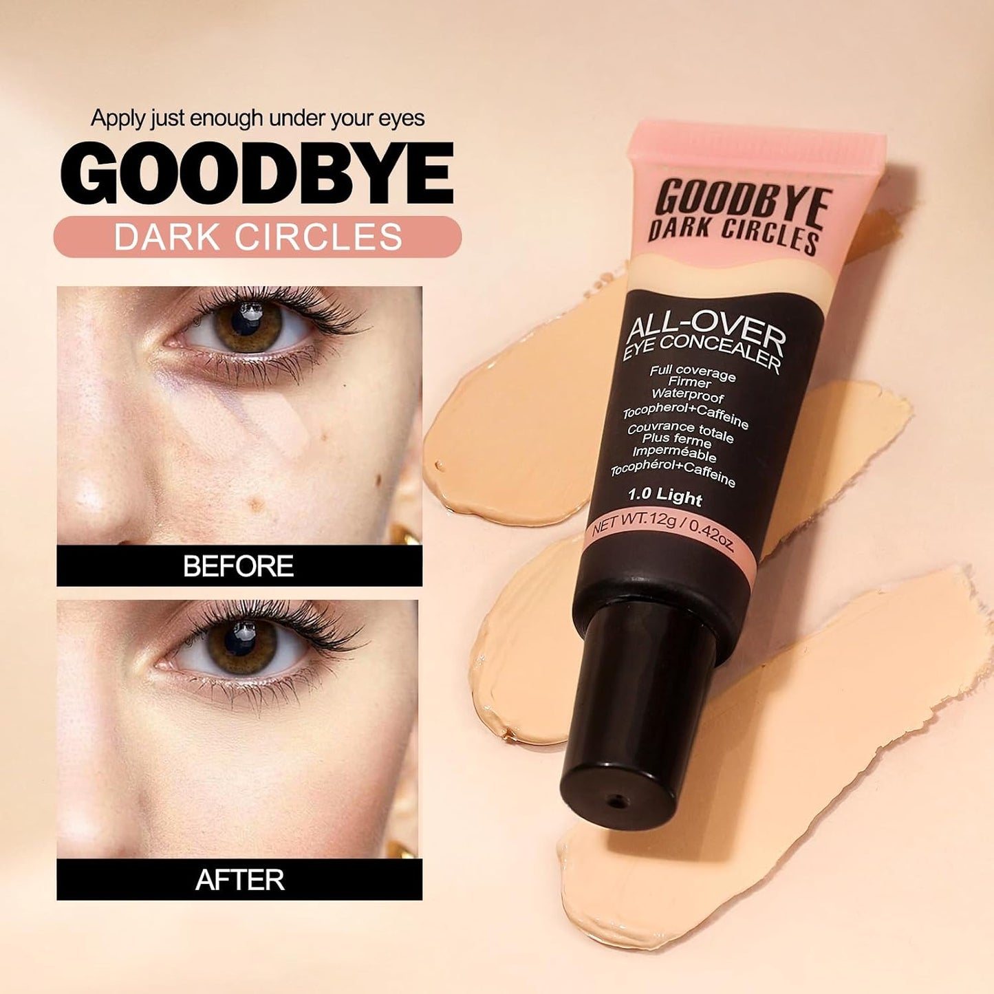 Liquid Concealer - Full Coverage Under Eye Concealer for Dark Circles & Fine Lines | Waterproof, Long-Lasting Makeup, 0.42 fl oz (Light)