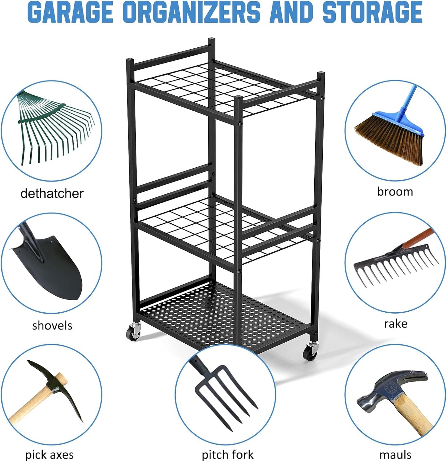 Garden Organizer With Wheels - Sturdy Metal Rack for 35 Tools | Outdoor Storage, Black