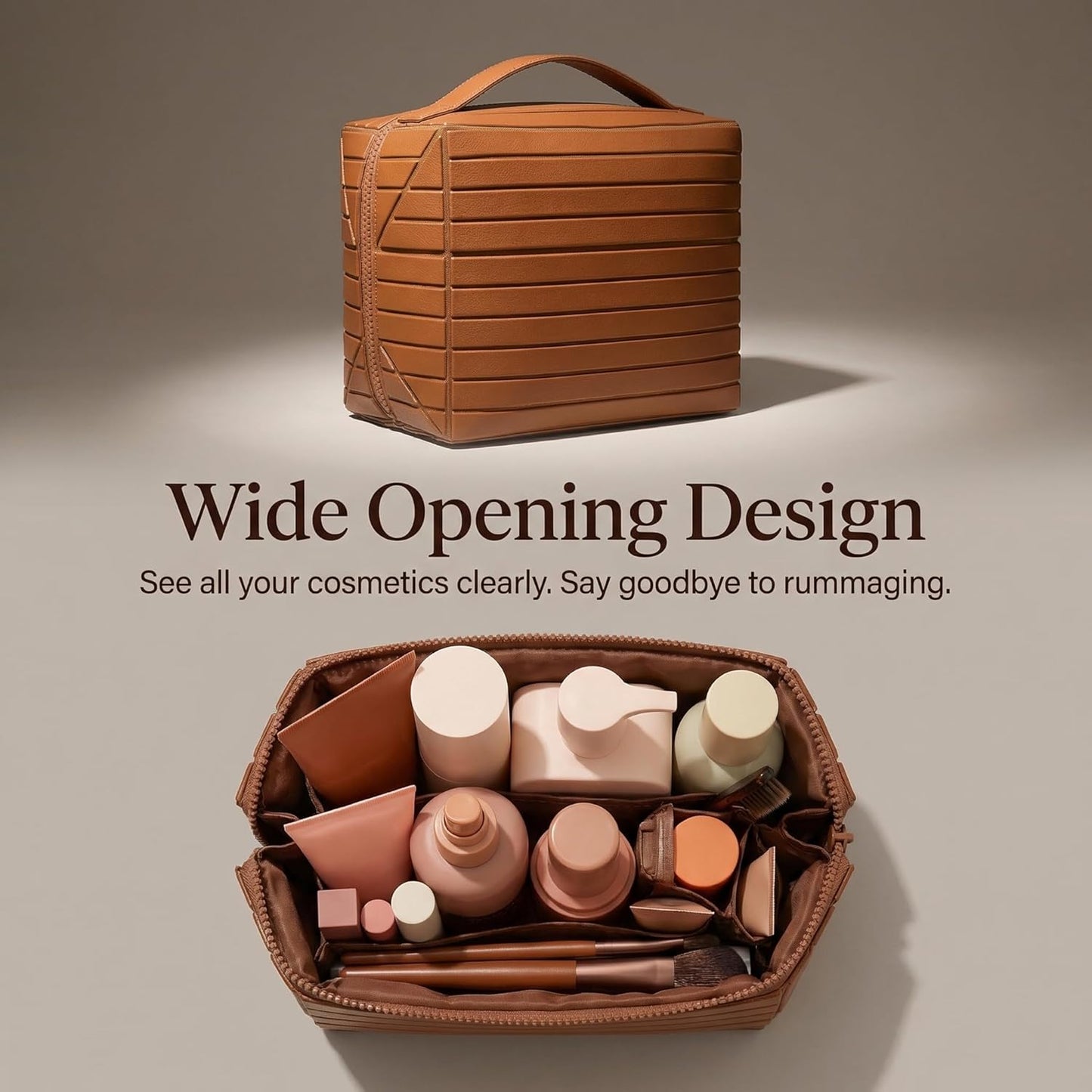 Travel Makeup Bag - Large Capacity Waterproof PU Leather Cosmetic Organizer | Foldable Toiletry Bag with Compartments (Brown)