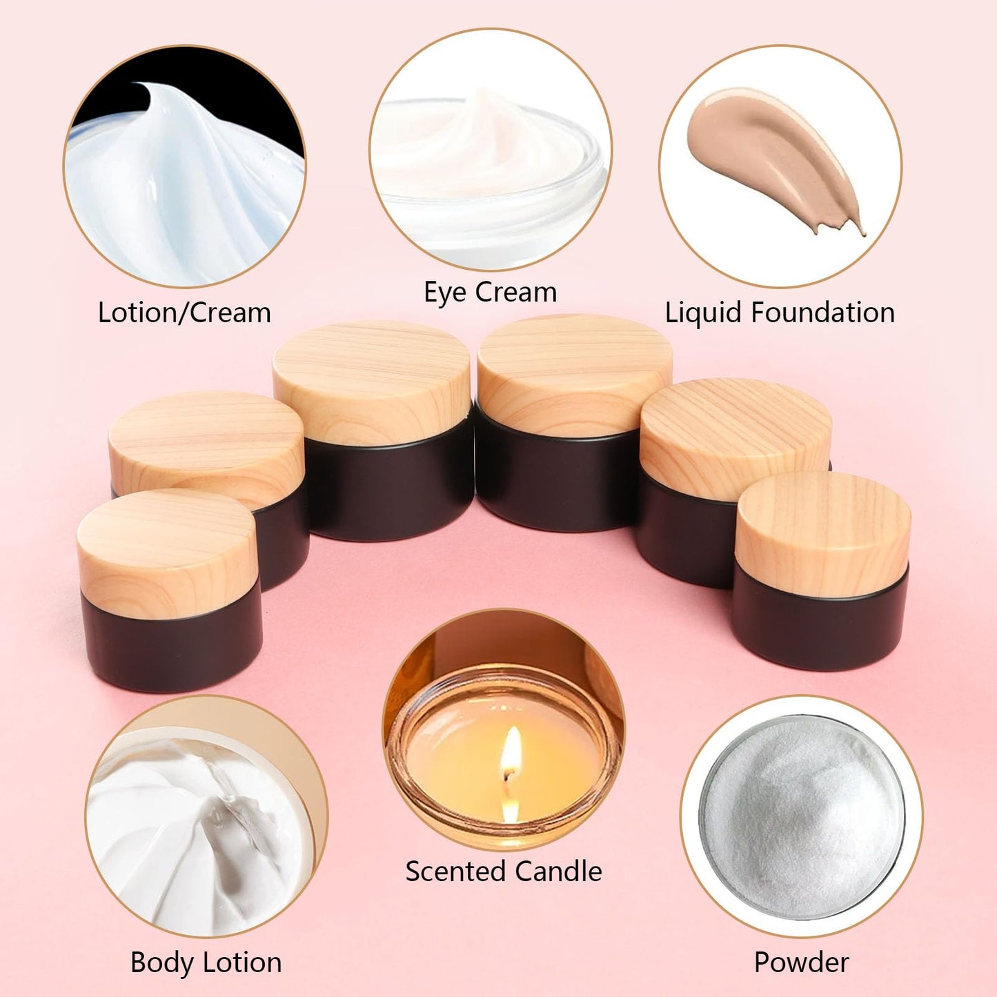 Miayon 6Pcs Glass Lotion Cream Container with Lid Refillable Empty Sample Cosmetic Jar for Makeup Scrub Cream Toiletries Home Travel (Black,15ml,30ml,50ml)