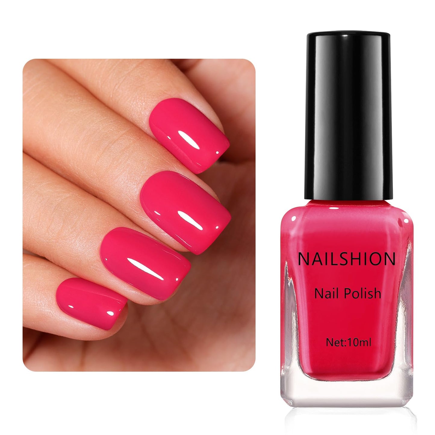 Nailshion Bright Pink Nail Polish, Vibrant Glossy Shine Finish,Fast Drying, Streak-free Formula, Rich in Castor Oil, Salon Quality Chip Resistant Nail Polish DIY Home Travel Nail Art Women Gift,10ml