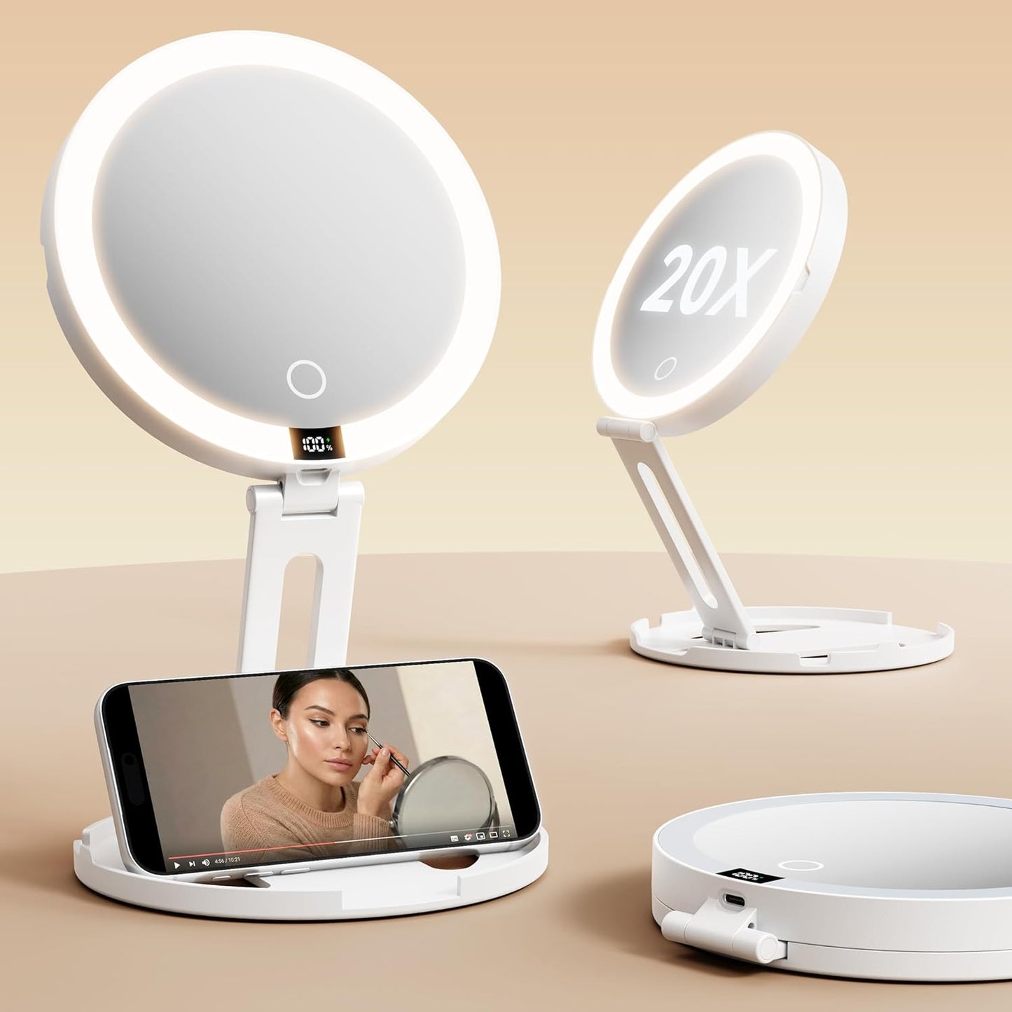 Travel Makeup Mirror with Lights - 20X/1X Dual-Sided Magnifying | Rechargeable, Dimmable, Portable Folding Design