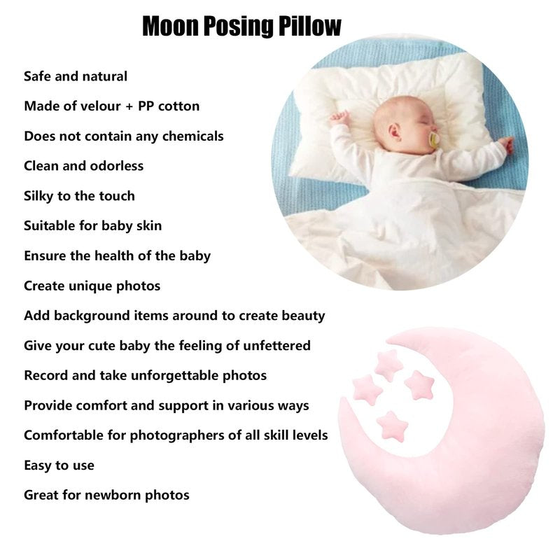 NSXAYIWE Newborn Photography Props, Crescent Moon Pillow for Newborns, Soft Newborn Photography Posing Pillowswith Moon and Star Celestial Decor for Infant Photography (Pink)