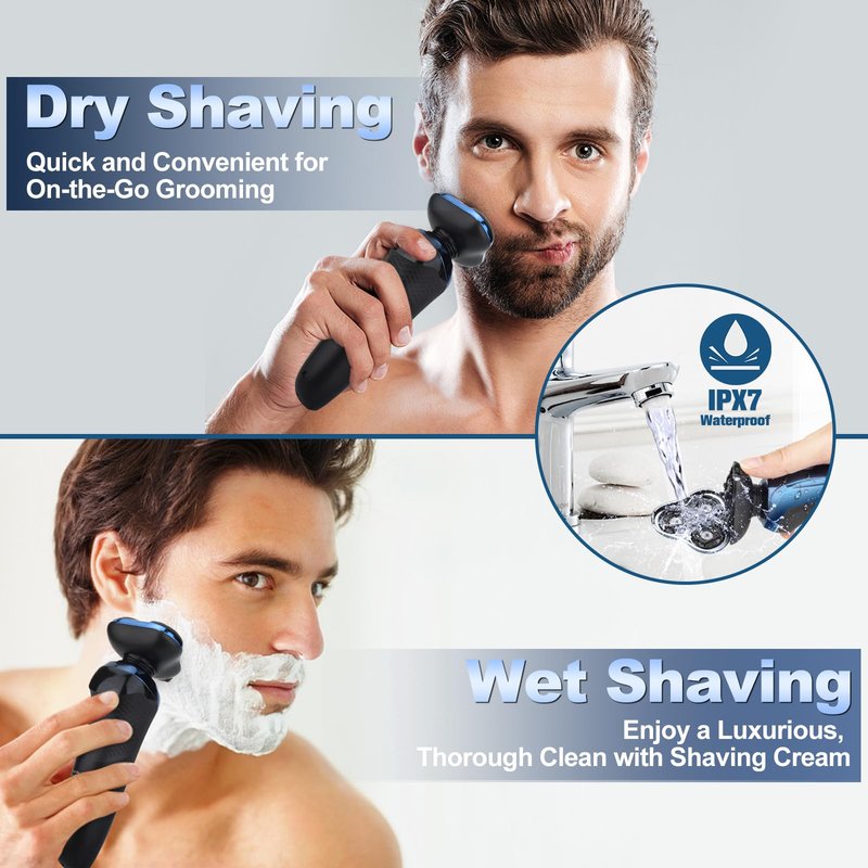 Electric Razor for Men, 3-in-1 Shaver with Floating Blades for Nose Hair &Sideburns,Replacement Blades, Pop-up Trimmer, IPX7 Waterproof, Travel Lock, Wet & Dry Use, Face Shaving Grooming Travel Kit