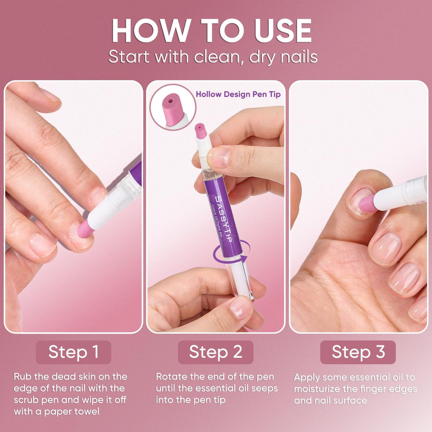 SASSYTIP Cuticle Oil Pusher Pen 2-in-1 Clean & Moisturize | Removes Dead Skin & Dirt from Nail Edges | Nourishing Jojoba & Almond Oils | At-Home or On-the-Go Manicure for Women & Men (Grape)