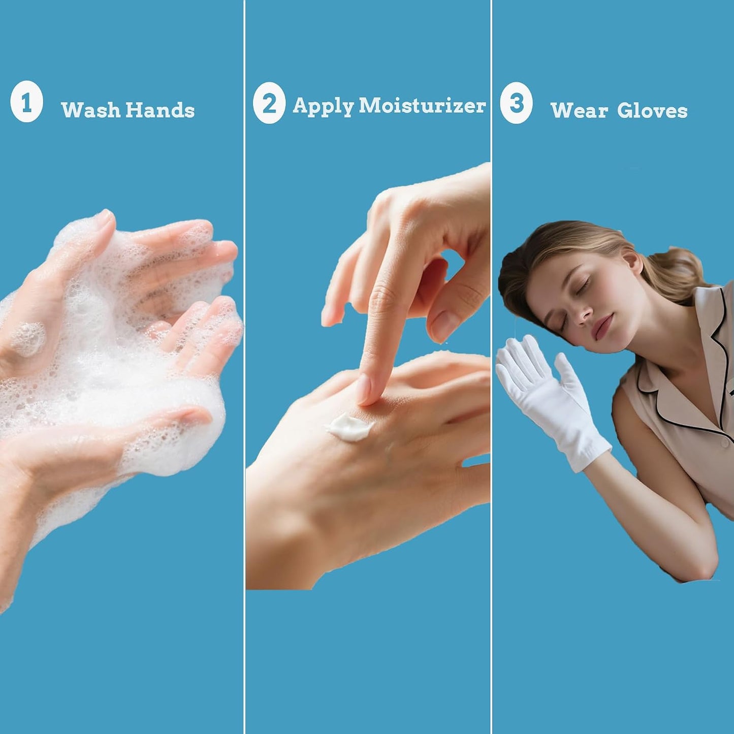 White Cotton Gloves for Dry Hands - Moisturizing Eczema Treatment | Medium, 3 Pairs