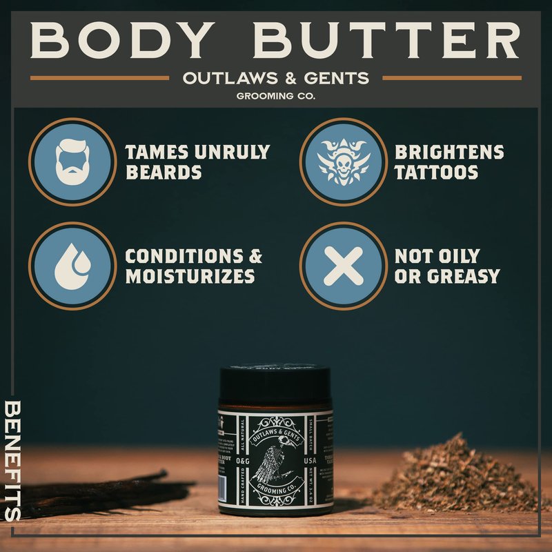 Outlaws and Gents Grooming Co. Beard and Body Butter - Tobacco Vanilla Scented All-Natural Moisturizer for Men - Deeply Moisturizes Beard, Face, and Body
