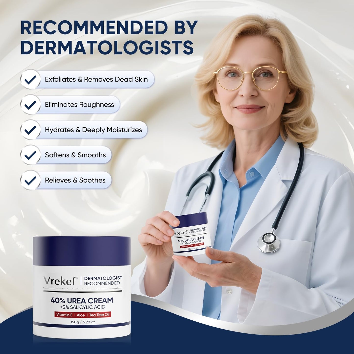 VREKEF Urea Cream 40 Percent with 2 Percent Salicylic Acid, Foot & Hand Cream for Dry Cracked Heels, Callus Softener for Feet, Exfoliating Foot Cream for Rough Thick Skin, 5.29 oz