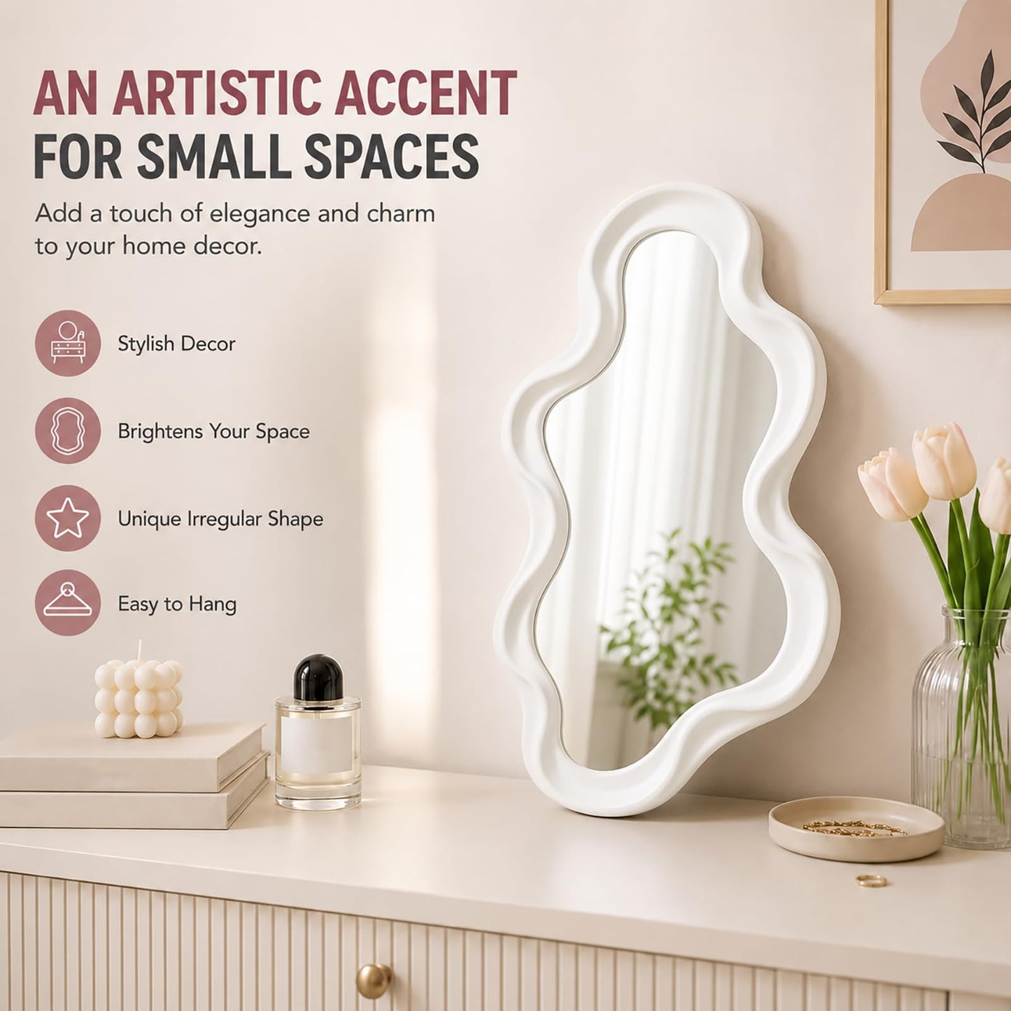 Mokoze Asymmetrical Wall Mirror, Irregular Mirror, White,16.14" x 9.84"