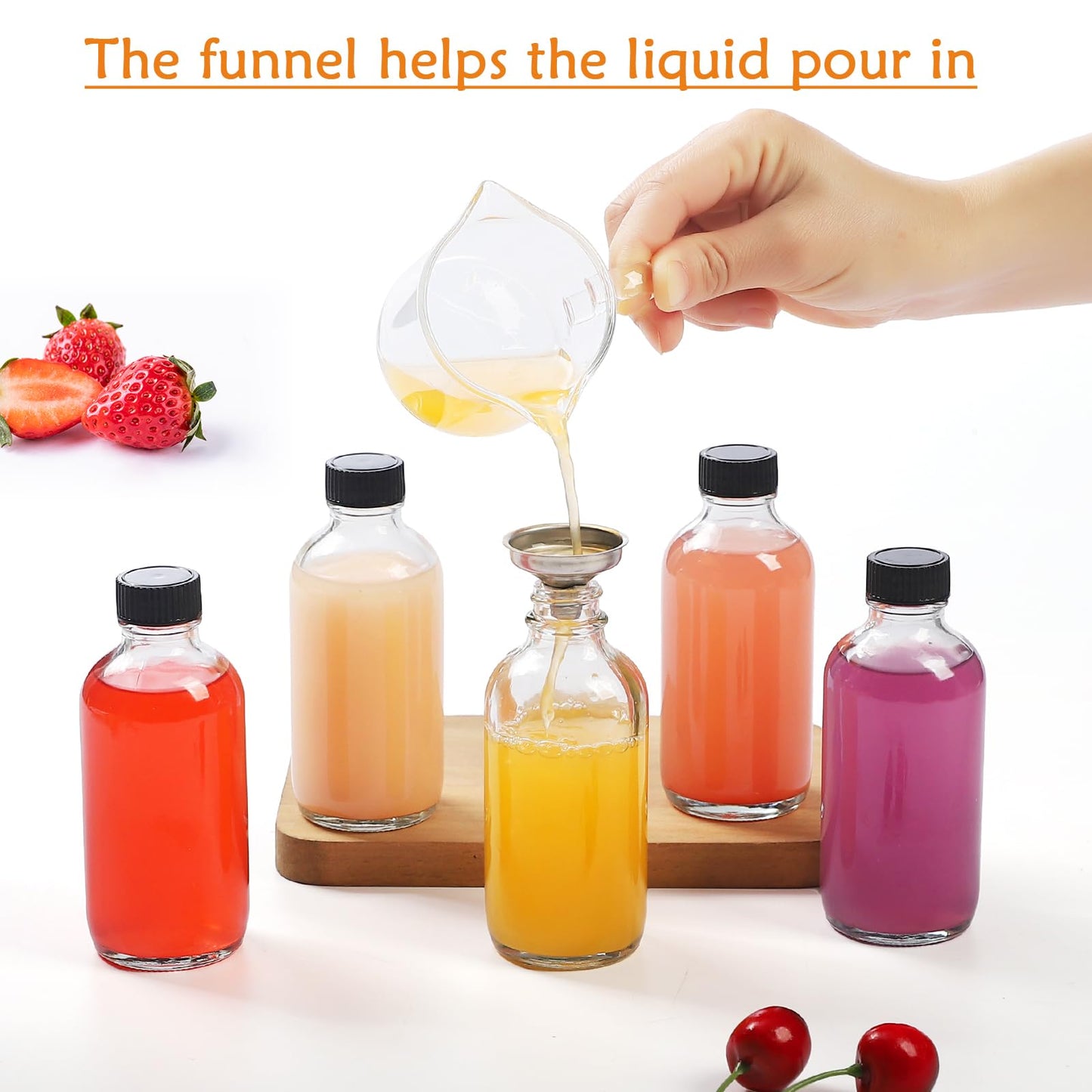 4 OZ Glass Bottles with Lids, 12Pcs Small Glass Containers with Lids and 3 Stainless Steel Funnels Clear Reusable Decorative Bottles for Juice Wellness Ginger Shots Whiskey Homemade Vanilla (4OZ)