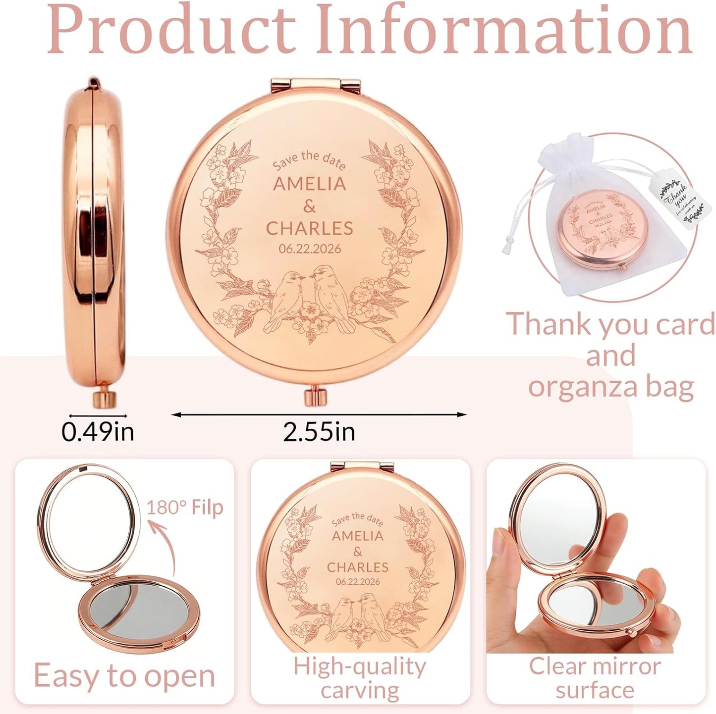 Personalized Compact Mirror - Custom Name & Photo Pocket Mirror for Women | Perfect for Quinceañeras, Galentine's Day, Weddings