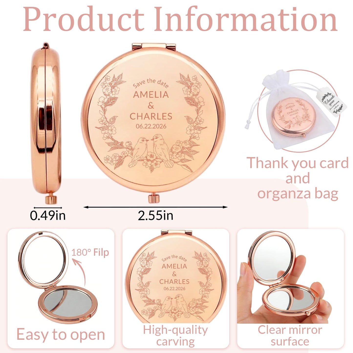 HJX Personalized Compact Mirror Bulk with Name Photo for Women
