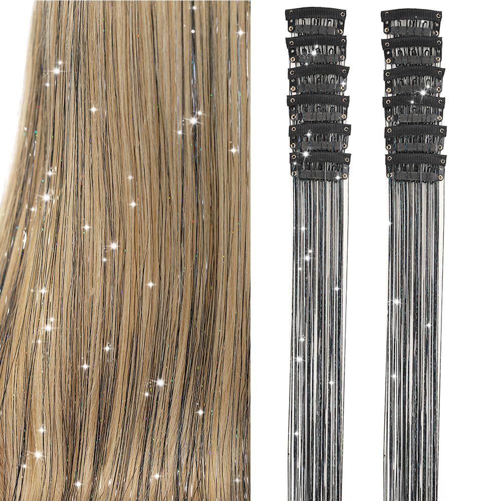 Clip In Hair Tinsel Extensions - 20 Inch Glitter Strands for Festivals | 12 Pcs Black Dazzle Kit for Women & Girls
